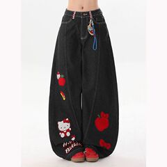 美式复古卡通猫苹果刺绣弯刀牛仔裤女夏季新款宽松显瘦阔腿裤ins