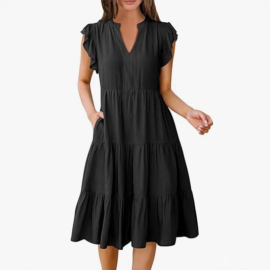 Women's Summer Dress with Ruched Sleeves, V-Neck, Mid-Length Dress, Fashionable Casual Slim Fit, Flowing Layered Wave