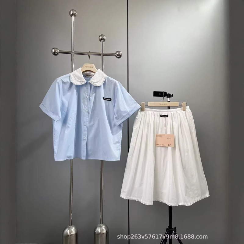 2026 Spring and Summer New Miu Series Short-Sleeved Shirt Set Doll Collar Top + White Logo Skirt Two-Piece Set