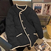 韩版菱格棉服外套女秋冬季新款编织棉袄撞色拼接短款棉衣