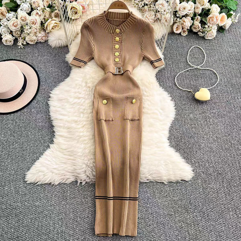 Cross-Border European and American 2025 New Style Chanel-Inspired High-End Round-Neck Knitted Dress with Belt, Slim-Fitting Bodycon Dress for Women Cross-Border European and American 2025 New Style Chanel-Inspired High-End Round-Neck Knitted Dress with Belt, Slim-Fitting Bodycon Dress for Women