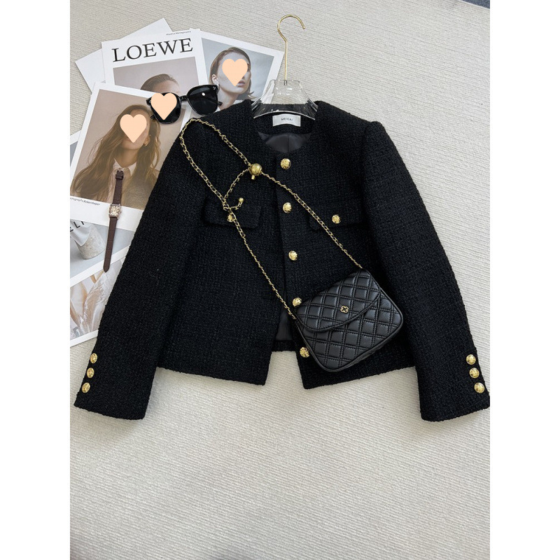 2025 New Autumn and Winter High-End Round Neck Small Fragrant Style Short Outwear for Women Petite French Tweed Black Gold