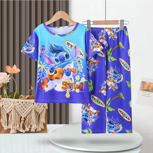 Boy's Spring and Summer Pajamas for Girls 2025 Short Sleeve Long Pants Thin for Boys and Middle Children Home Clothes for Outside Wear