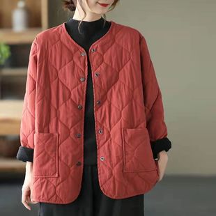 Mom's Fall/Winter Lightweight Cotton-padded Jacket 2024 New Korean Round Neck Cotton-padded Jacket Loose plus size Thickened Cotton-padded Jacket for Women