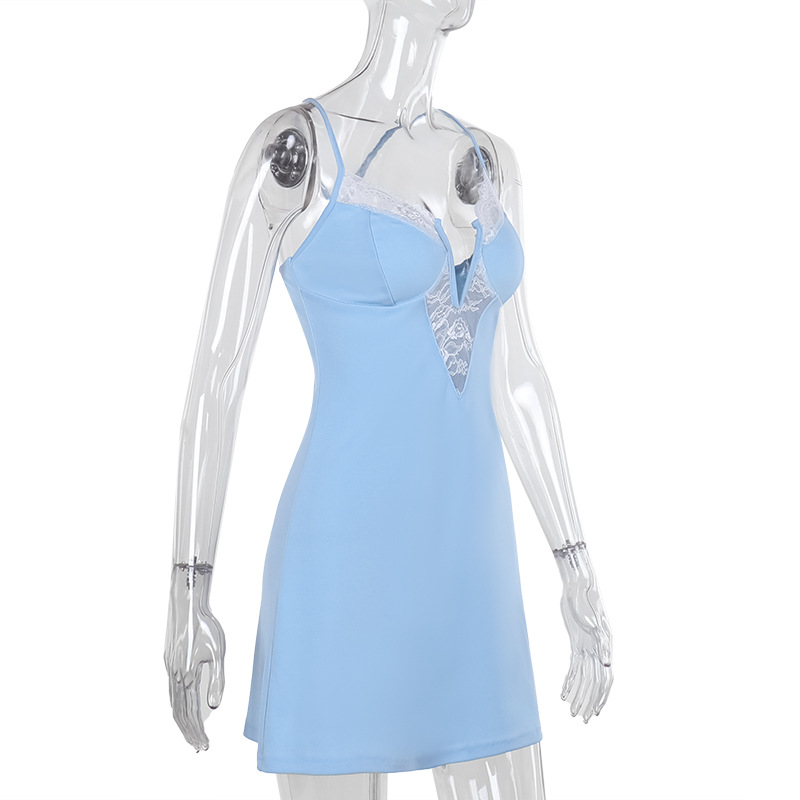 Autumn Classic Elegant Slim Strap Lace V neck Sexy Mini Dress