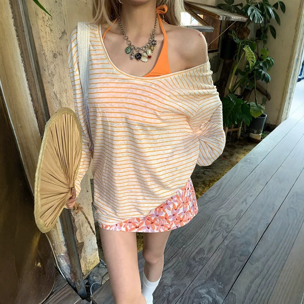 Sweet and Spicy Girl Style Off-Shoulder Striped Long-Sleeve T-Shirt with Chest Pads, Orange Camisole, 2026 Vacation Set