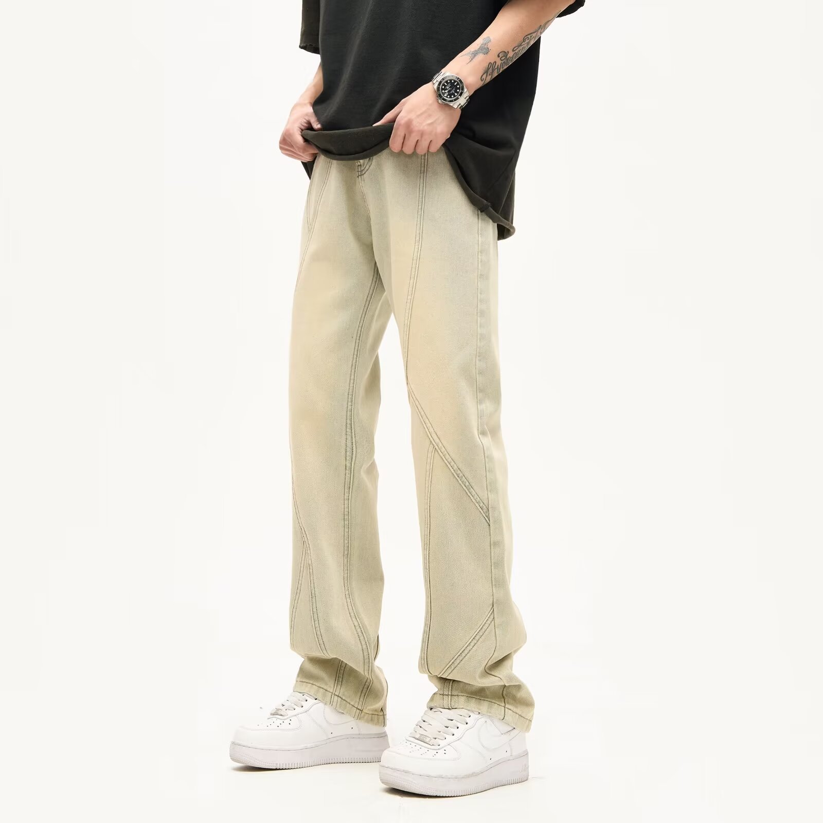 2024 verano pesado americano micro-up jeans hombres de moda slim-fit negro recto pantalones de trapeador de calle alta