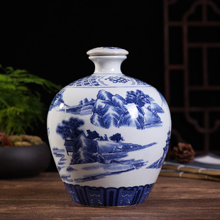 Wine Jar Ceramic Wine Jar Old-fashioned Rice Wine Storage Blue and Flower 5 Jin Hanger Sealed Jar Cellar Soaking Wine