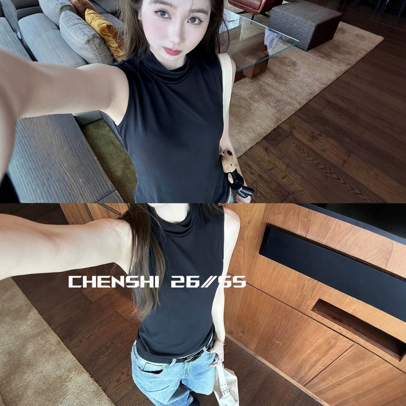 Sleeveless Turtleneck Tank Top for Summer, Slimming Effect for Thick Arms, Black Camisole for Layering