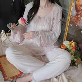 实拍春秋季新款法式宫廷风带胸垫睡衣女网纱蕾丝公主风家居服套装