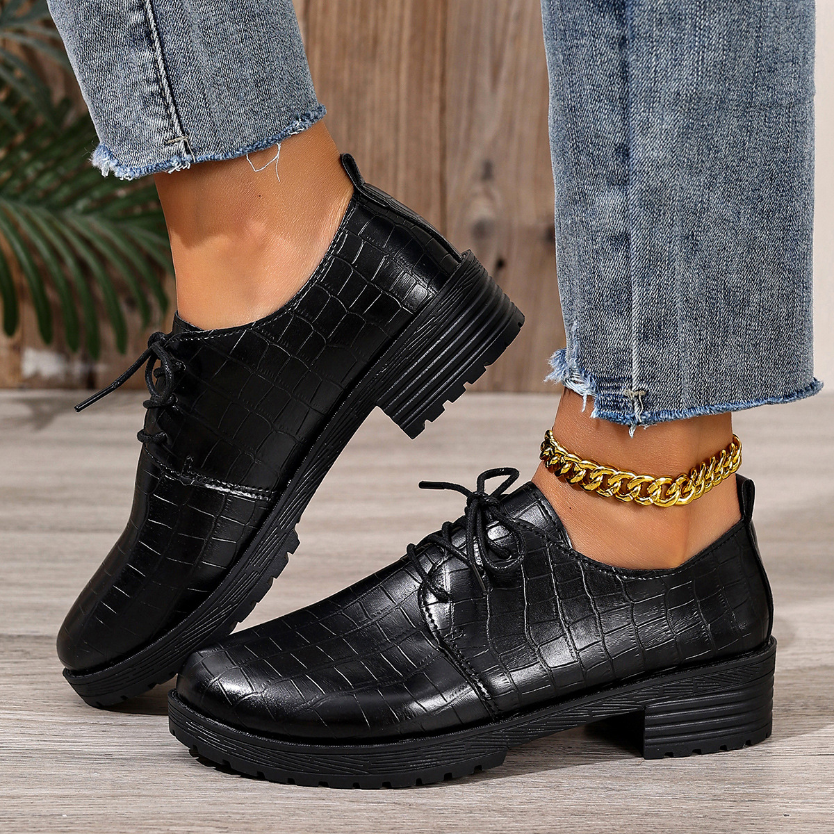 Women's Retro Lace Up Low Top Loafers Plus Size Mid Heel Leather Shoes British Style Autumn New_voghion.com