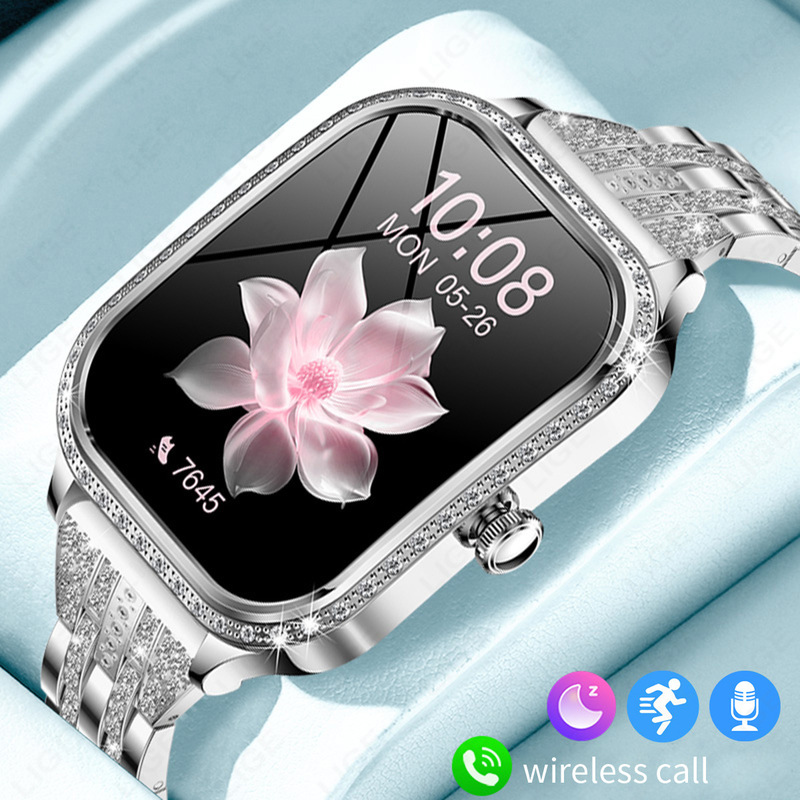 Women's New Model 1.75inch Diamond-Encrusted Smartwatch with Heart Rate Monitoring, Sleep Tracking, Step Counting, Ip68 Waterproof, Bluetooth Calling, Mk88