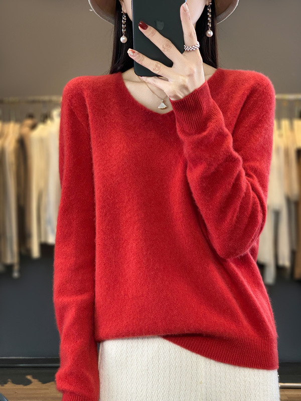 一线成衣V领羊毛衫女春秋款简约百搭羊毛衫宽松套头针织打底衫潮|undefined