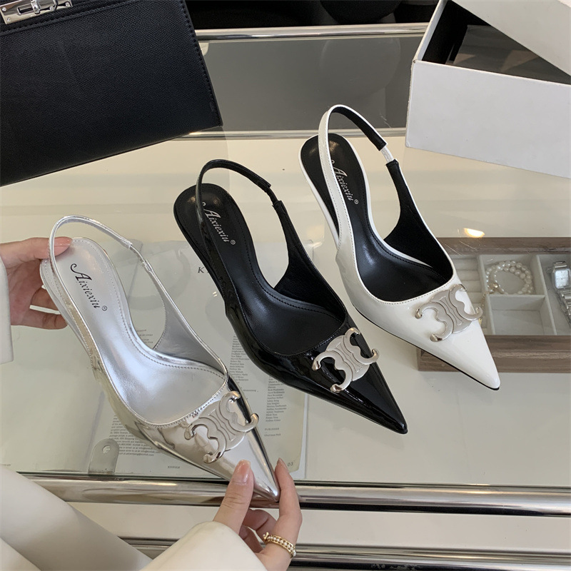 2025 Spring High Heels Women's Stiletto Heel Pointed Metal Buckle Baotou Sandals 35-40 Size