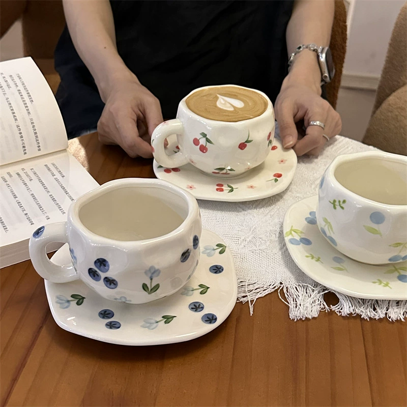 Ceramic Coffee Cup Set INS, Hand-Painted Underglaze, 300 ml Cup & 16 cm Saucer