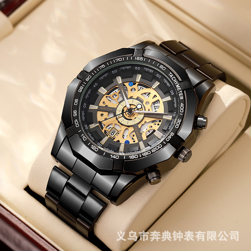 Mechanical Style Hollow Men's Watch with Large Dial, Multi-Functional Calendar, Trendy Business Waterproof Quartz Watch Wholesale