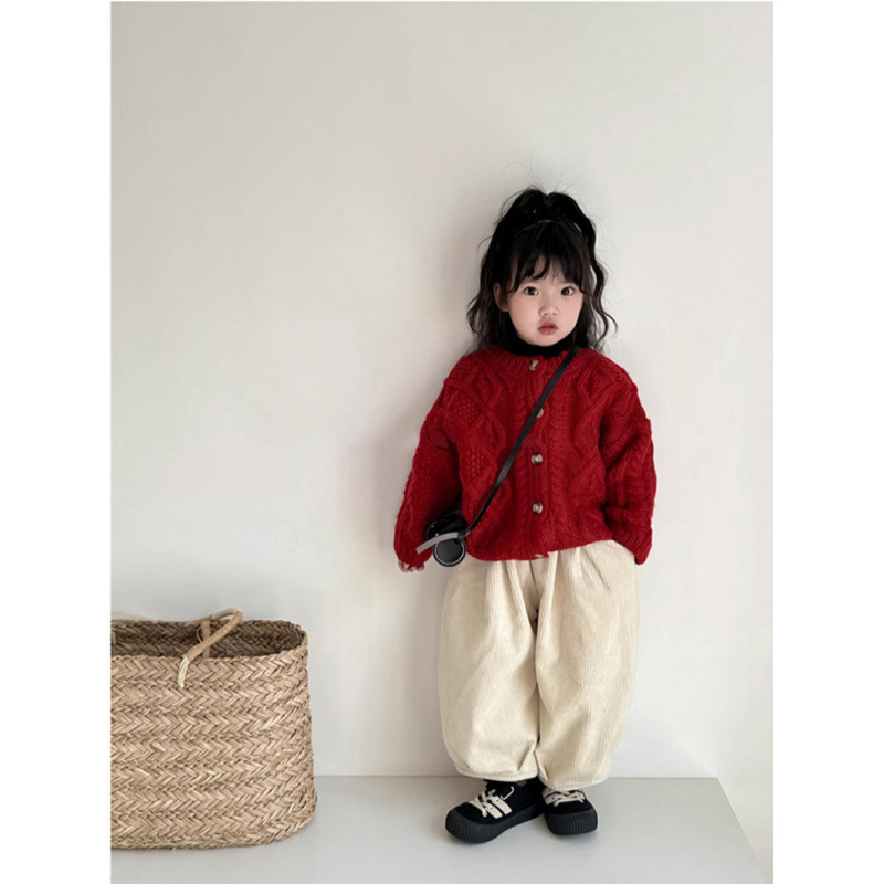 New Year's Outfit for Girls, Autumn/Winter, Red Festive Knitted Sweater for Kids, Stylish Stand Collar Cardigan for Boys