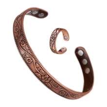 temu梅花磁石手镯复古花朵戒指手镯套装可调节男女士仿古红铜手镯