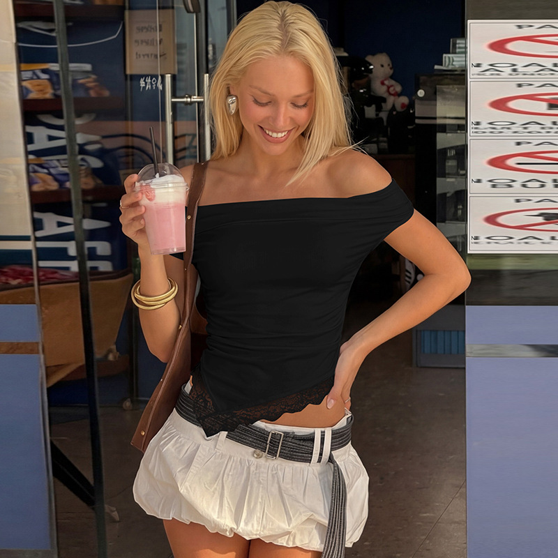 Women's 2026 Summer New Sexy Spice Girl Shoulder Lace Solid Color T-Shirt Top_ecoleips.com