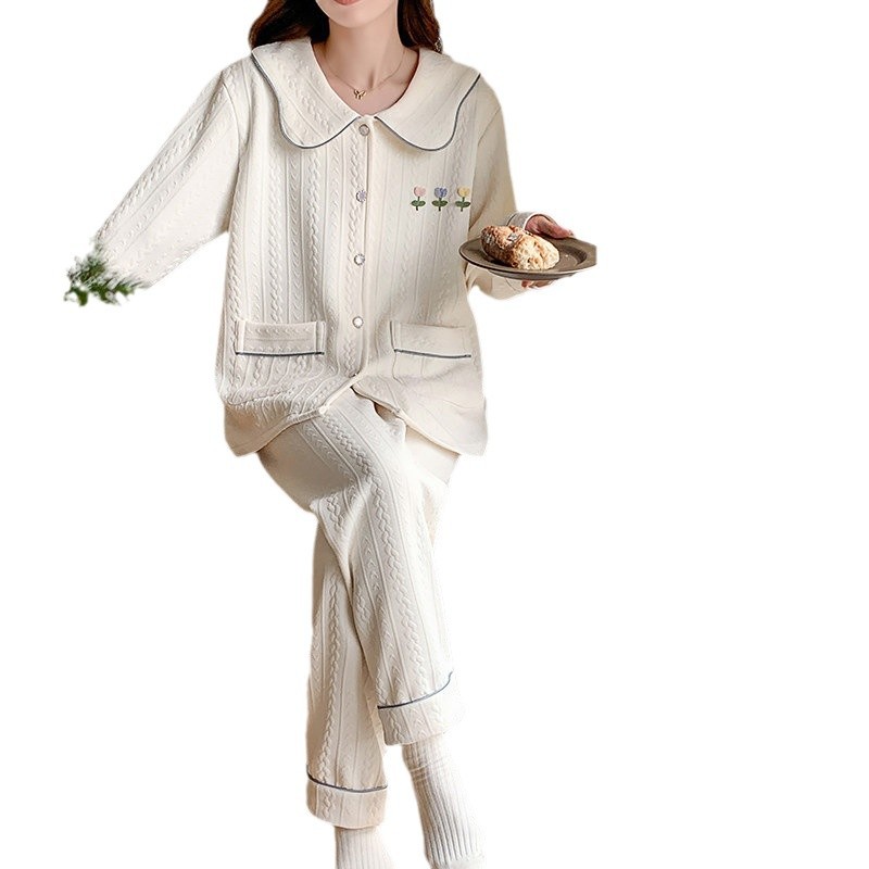 잠옷 여성의 가을과 겨울 두꺼운 공기 샌드위치 순면 긴 소매 소녀 달콤한 따뜻한 느슨한 홈 의류 세트 여성