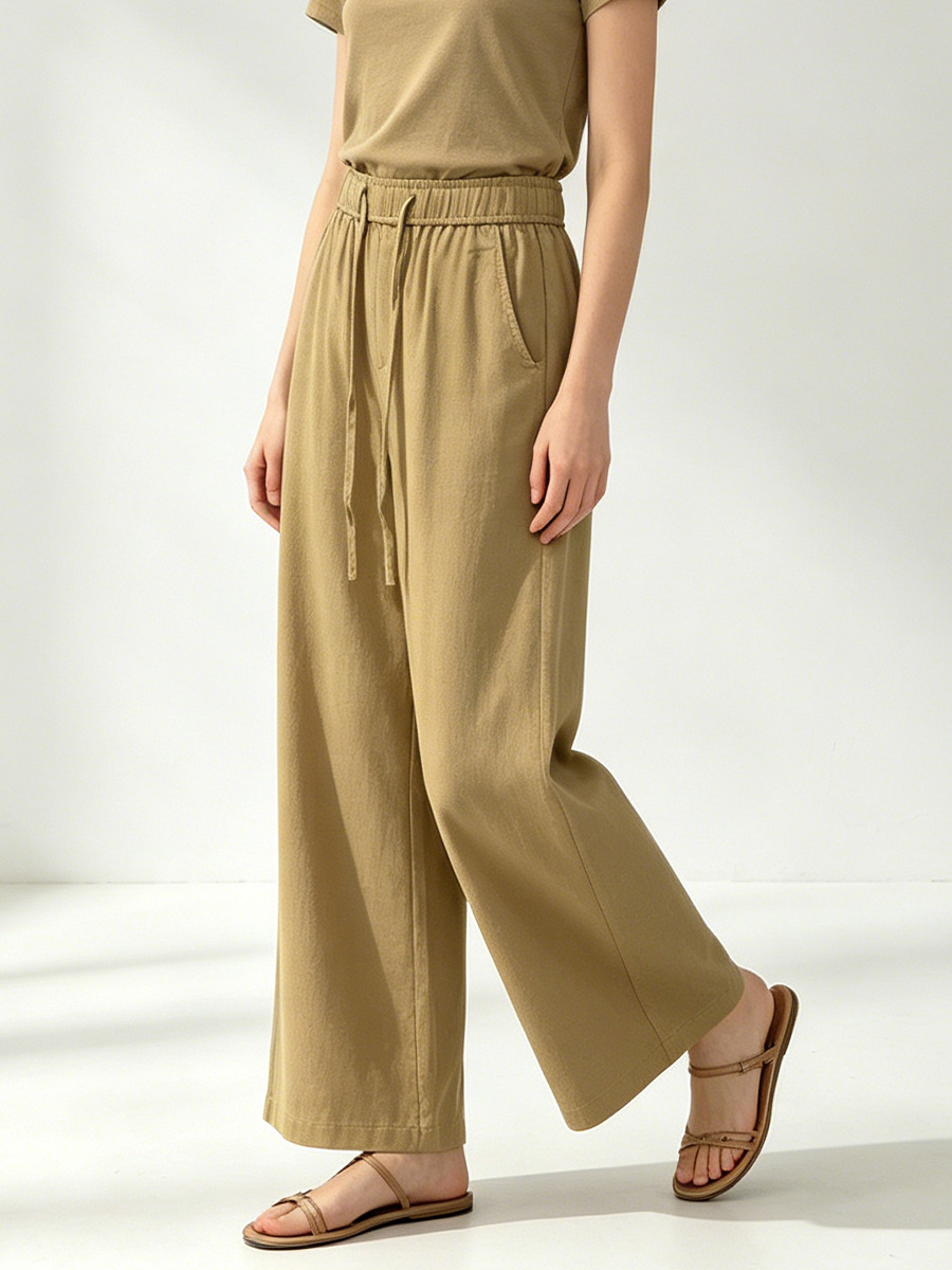 Quần culottes nữ ống rộng cạp cao vải lanh phối sợi tencel dáng suông ống thẳng — màu kaki