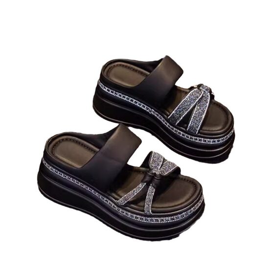 Thick-soled high-heeled sandals and slippers for women to wear outside 2024 spring and summer new fashion wedge rhinestone one-word slippers