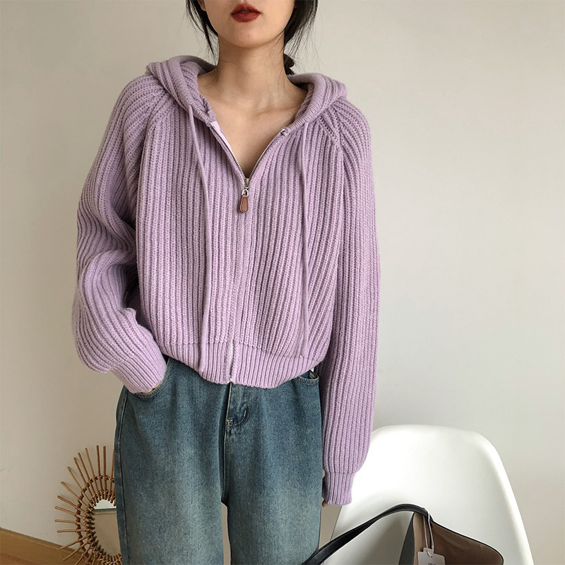 秋冬新款糖果色连帽短款宽松拉链针织开衫减龄甜美软糯毛衣外套女|undefined