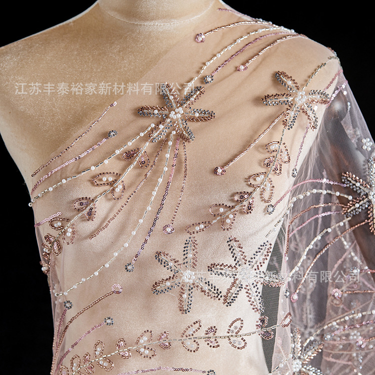 Champaña ligera de lujo tela de hilo de malla flor de sequilla cuentas de clavos cuentas de diamante tridimensional tela de encaje tela de boda image 1