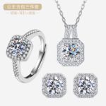 亚马逊跨境爆款公主方包项链戒指耳钉三件套时尚轻奢排钻首饰套装