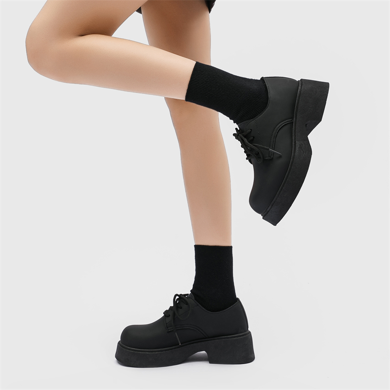 ShoeVault Round Toe Derby For Men Winter Casual Chunky Couple Thick Sole Height Increasing Black Matte British Leather Shoes_voghion.com