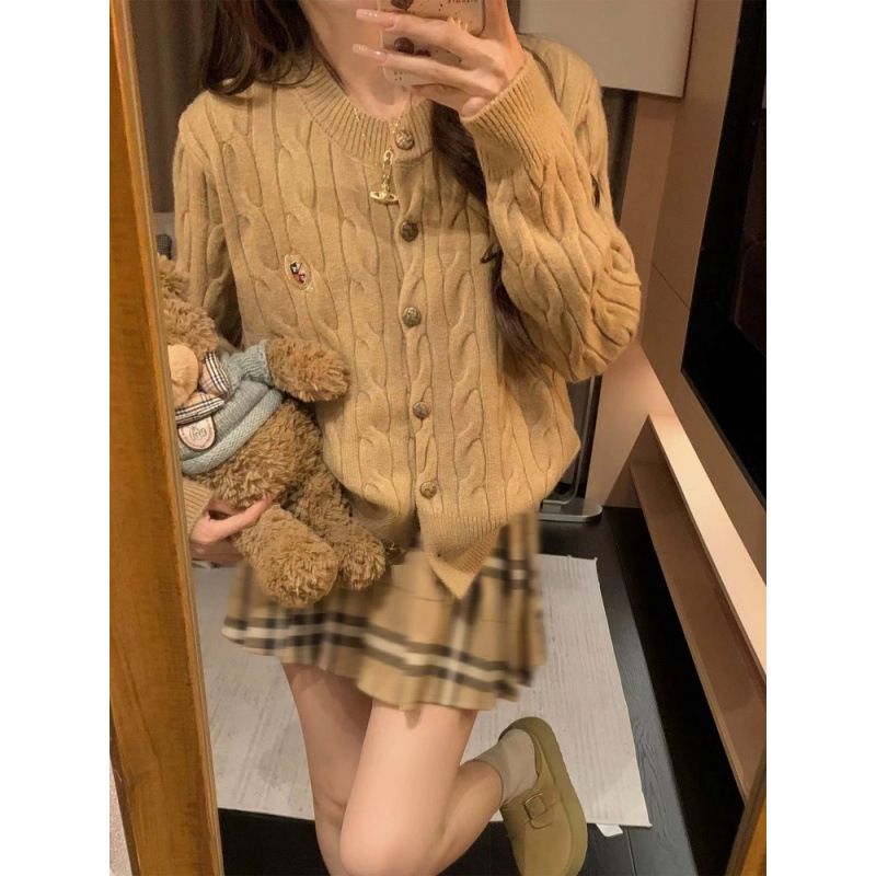 美式复古系粗麻花刺绣针织开衫女2025年秋冬季学院风毛衣外套上衣|undefined