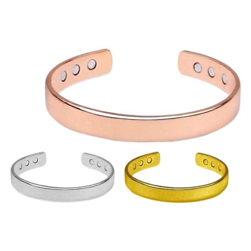 Pulseras de pareja populares europeas y americanas, joyería de metal con superficie lisa, magnética, ajustable y de extremo abierto para hombres y mujeres.