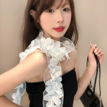 超仙蕾丝玫瑰花瓣长条丝巾女系脖设计感高级时尚氛围颈饰细窄围脖