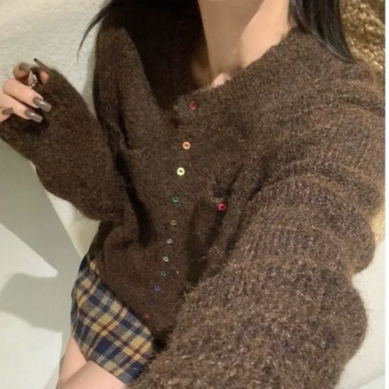 2025秋冬季新款韩版设计感彩色扣软糯针织开衫女宽松显瘦减龄毛衣|undefined
