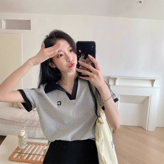 大きいサイズPolo襟美式レトロ正肩半袖tシャツ女性夏の新型太ったmmギャルvネックの短い上着