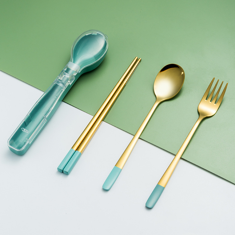 304 vajilla de acero inoxidable conjunto de tres piezas tenedor cuchara palillos estudiante trabajador de oficina de viaje vajilla Flip caja