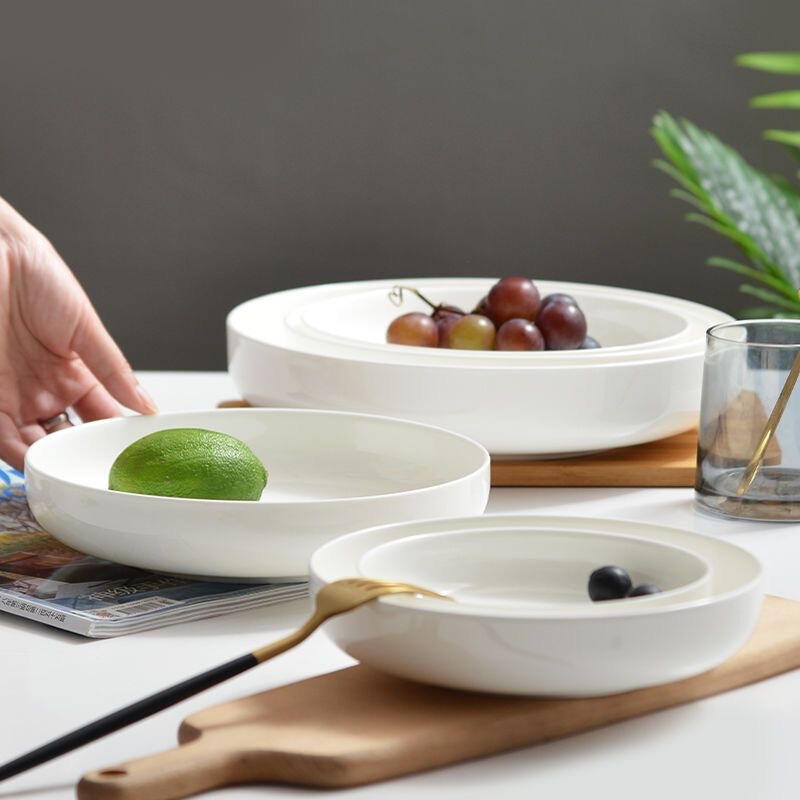 Pure White Ceramic Nest Plate Deep-mouth Plate Dishes Household Bone China Tableware Dinner Plate Creative Dishes Internet Popular Steamed Vegetable Deep Plate