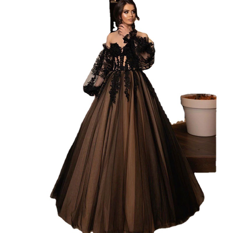 Comercio exterior de Europa y América Amazon AliExpress deseo nuevo tubo encaje negro Top burbuja temperamento manga larga adelgazamiento vestido