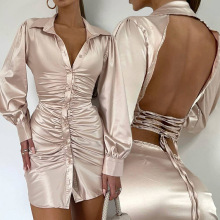 LN491 现货跨境女装2024春季新款时尚性感长袖翻领包臀衬衫连衣裙