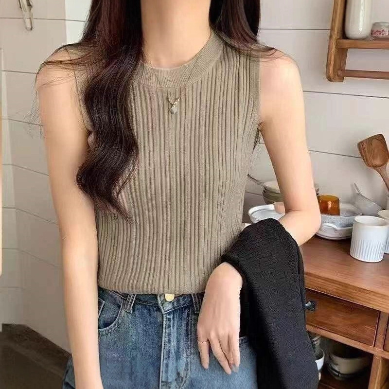 2025女夏季新款显瘦百搭上衣法式针织衫无袖外穿小背心修身打底衫|undefined
