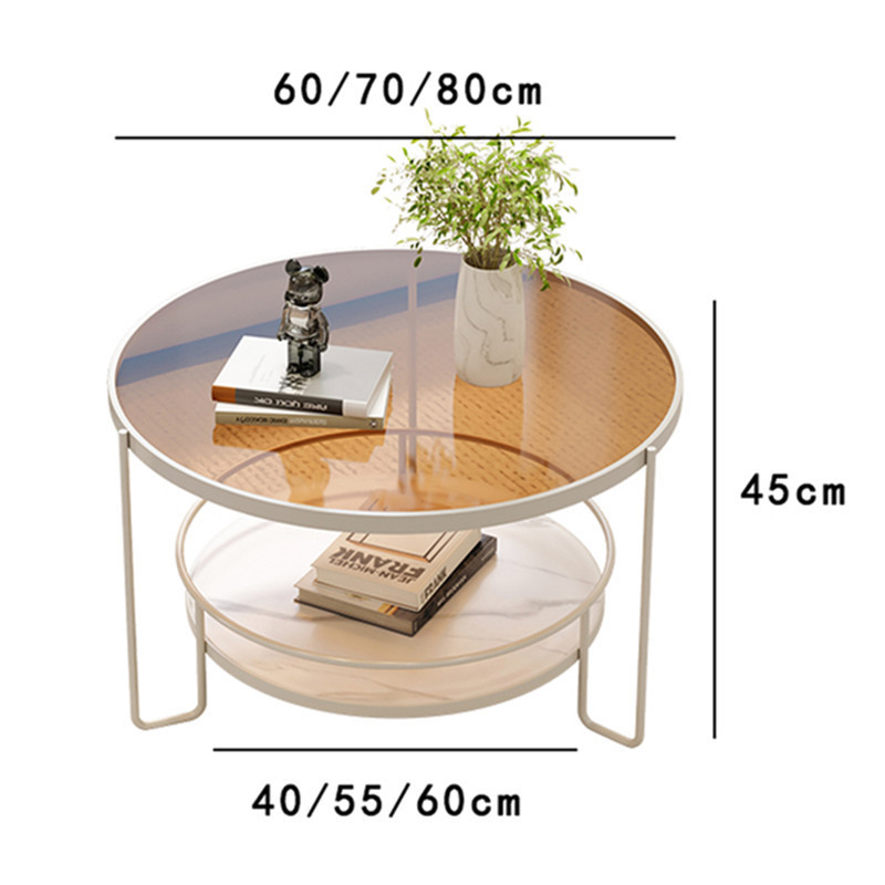 원형 커피 테이블 - 화이트 프레임 - 브라운 유리 (직경 60cm, 높이 45cm)