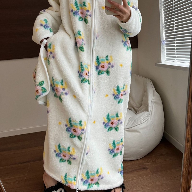 【实拍】鸿楠行走的被窝小熊毛绒拉链睡衣加厚保暖家居服睡袍连帽|undefined