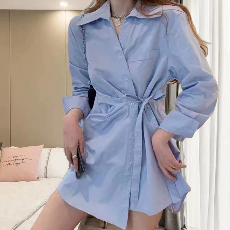 Синяя женская блузка с уникальным дизайном, на шнуровке, новая модель весны 2025 года, с длинными рукавами, элегантный топ средней длины.