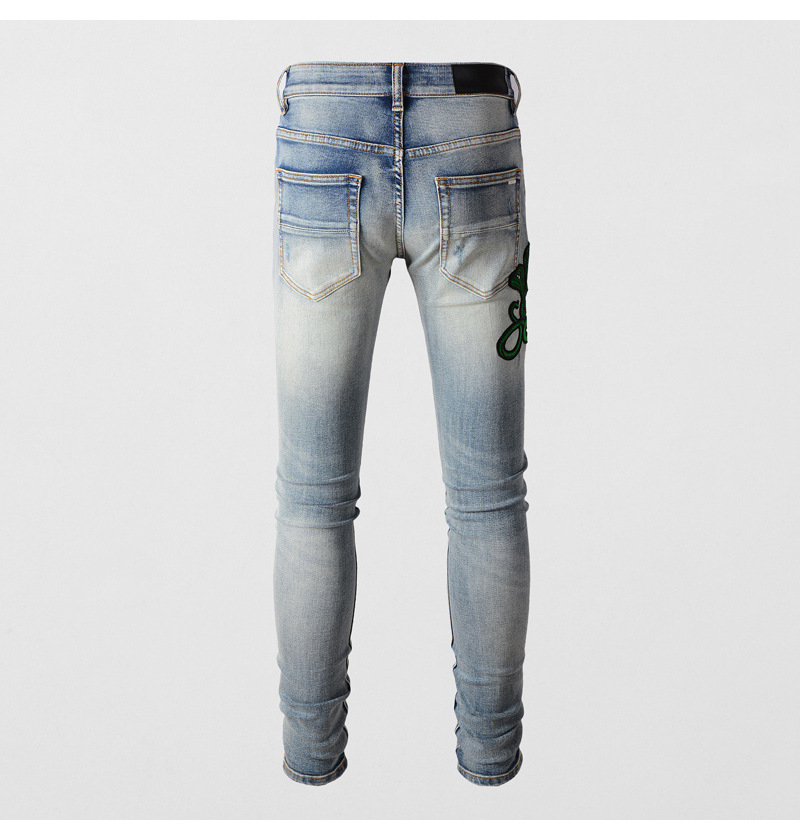 boy European And American High Street Fashion Ripped Jeans Vintage Washed Snake Embroidery Patch Hip Hop Skinny Pants Men's_viptrois.com
