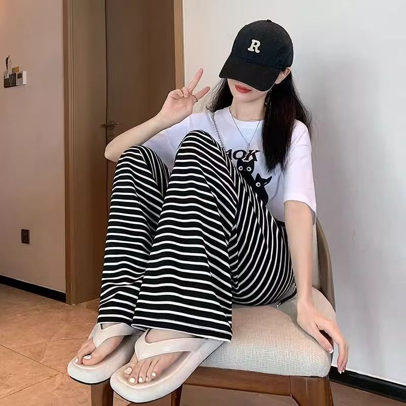 Pantalones anchos a rayas en blanco y negro para mujer, nuevos pantalones de caída de seda de hielo de todo fósforo de cintura alta, pantalones casuales de trapeador con cordón suelto delgado