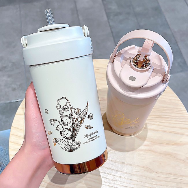 高顏值女生辦公室不鏽鋼保溫杯內膽噴陶隨手雙飲吸管水壺學生杯子