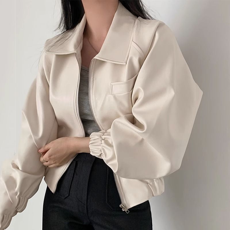 短款皮衣外套女春秋2025新款韩版宽松小众休闲百搭翻领长袖上衣女|undefined