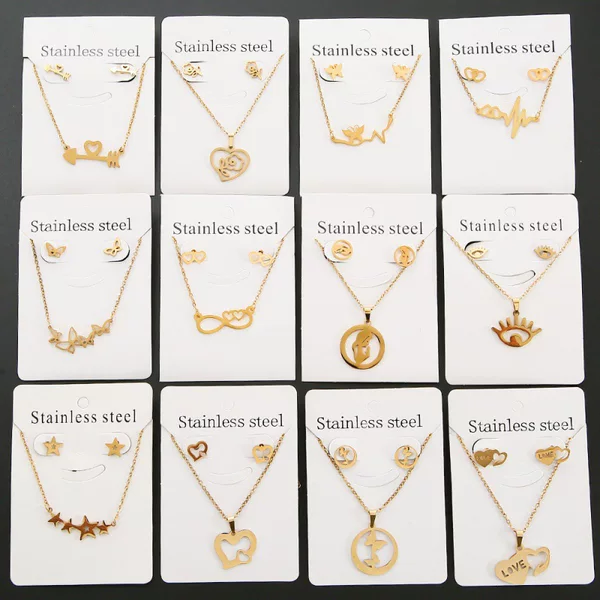 Factory wholesale European and American best selling stainless steel gold earrings necklace set five-pointed star ECG pendant clavicle chain