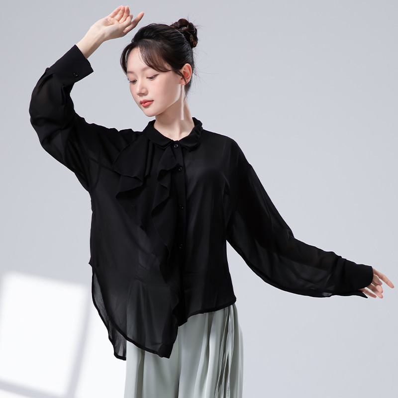 女性用モダンダンス服、新しいパールシフォンラペル長袖シャツ、日焼け止めシャツ、エレガントな練習服|undefined