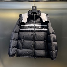 跨境高品质潮牌胸前条纹字母印花连帽时尚羽绒服情侣防寒羽绒外套